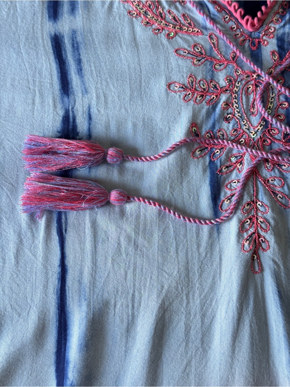 Soft Surroundings XL Embroidered Tie Dye Tunic Boho Viscose Pink Blue Tassels - Picture 10 of 10